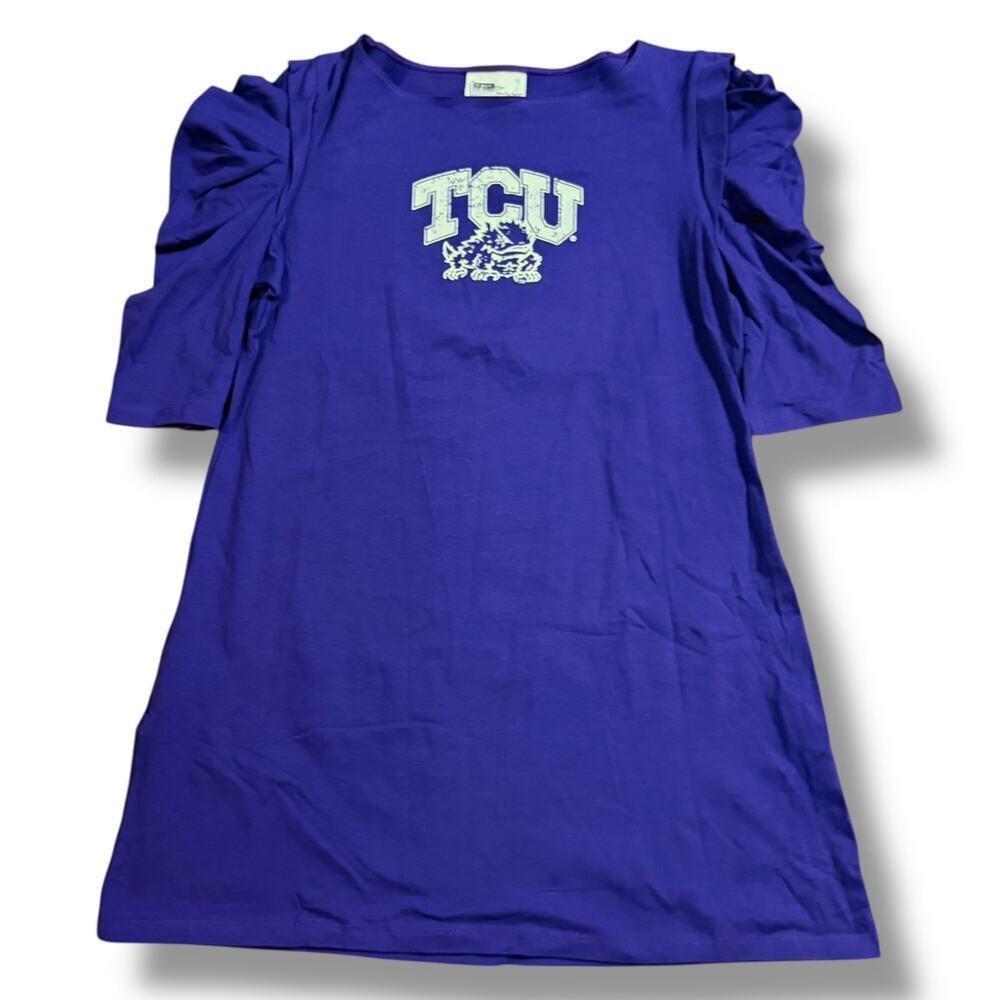 Y2K NOS TCU Mini Sheath Dress Womens Purple White Logo Ruffle Sleeves Size L
